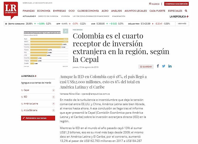 Colombia es el cuarto receptor de inversin extranjera en la regin, segn la Cepal